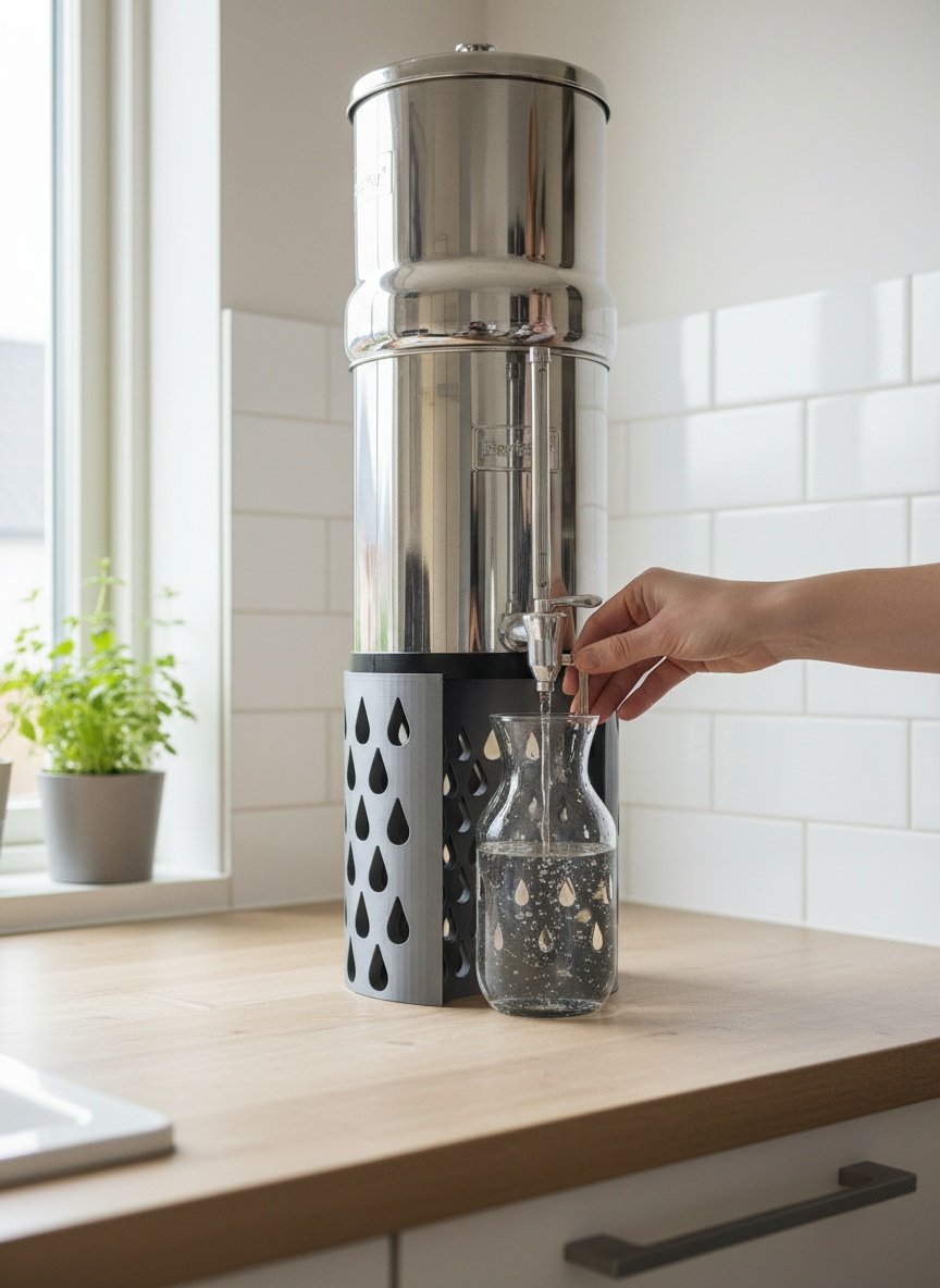 Gravity water filter on a grey riser stand with a bottle under the tap
