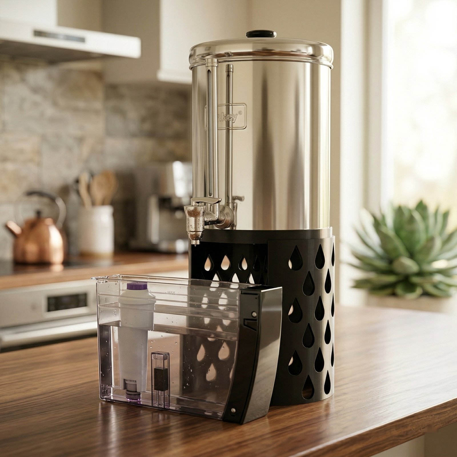 Black CirklePlanet riser stand under a gravity filter next to a coffee machine
