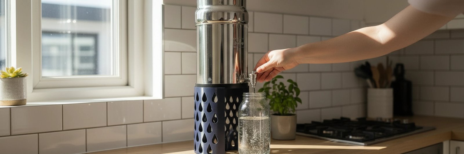 Grey riser stand and gravity filter in a Scandinavian kitchen